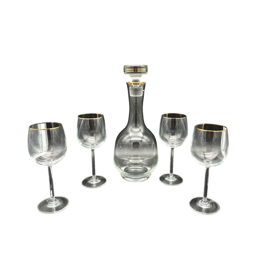 Vintage 24K Gold Rim Crystal Decanter with Goblets set of 4